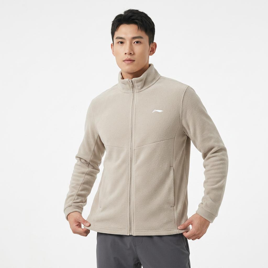 Li Ning Осенне-зимняя флисовая куртка со стойкой воротником, унисекс, хаки AMDV127-2