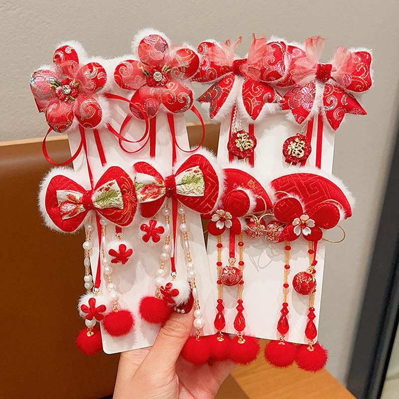 1 пара детских красных заколок-бантов для волос, кавайные аксессуары для волос, заколки для волос с кисточками в виде бабочек, универсальные заколки для волос в старинном стиле