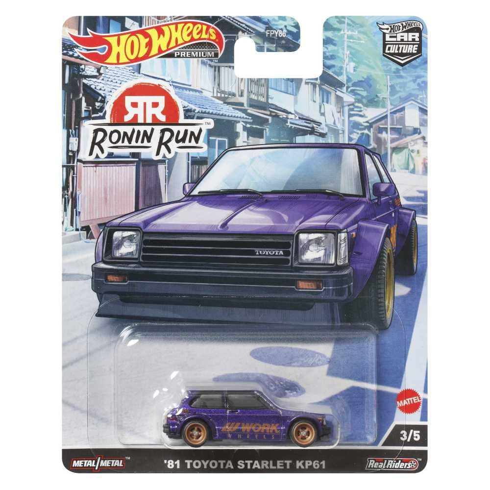 Hot Wheels Car Culture Ronin Run Toyota Starlet KP61 3 и HCK11 Фиолетовый Масштабная модель - '81 (Возраст до) 1/64