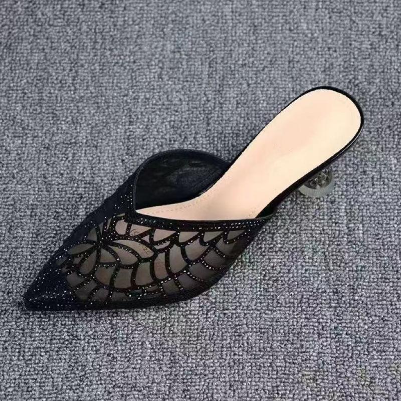 Rhinestone Baotou Half Slippers Women's Thin Heels Summer New High Heels Crystal Heel Hollowed Out Without Heel