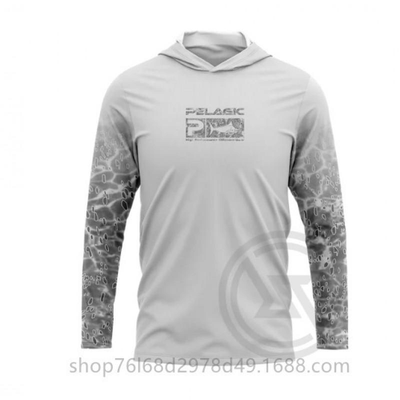 Mens Quick-Dry Ice Silk Long Sleeve Fishing Shirt UPF50 Sun Protection Hooded Tee With Integrated Face Cover