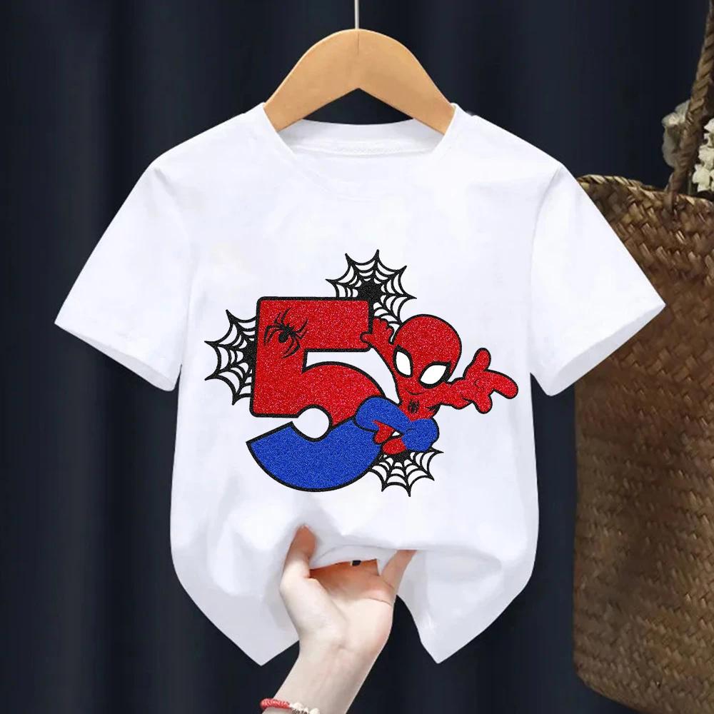 Spiderman Cartoon T-shirt for Kids Cute Birthday Number Printed Short Sleeve Summer Top for Boys And Girls
