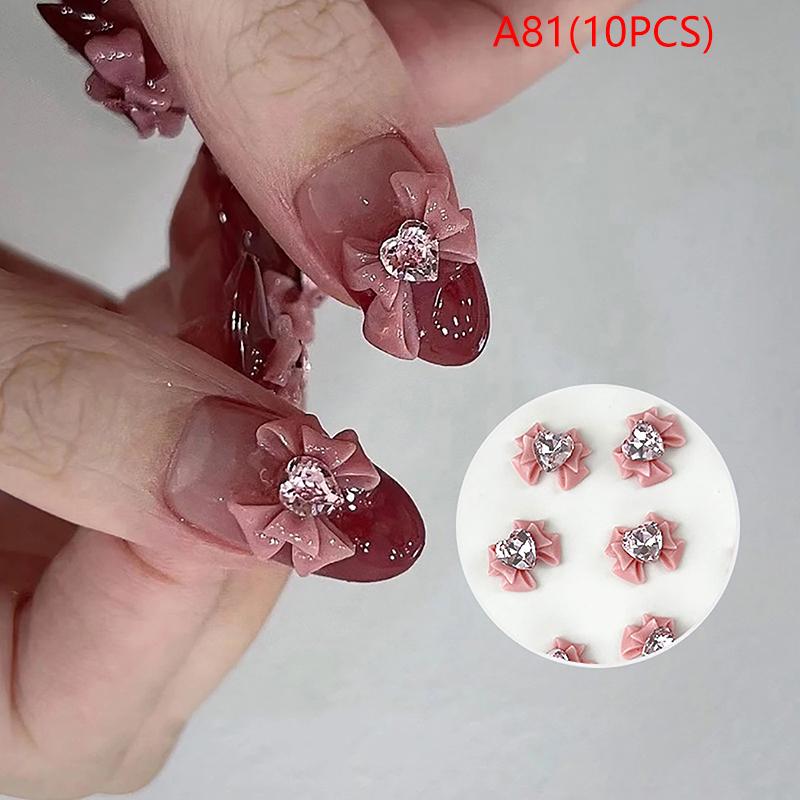 10pcs 3D Resin Bowknot Nail Charms with Pink Ribbon Bow Rhinestone, Jewelry Parts for Manicure Decor DIY Salon Accessory Gift
