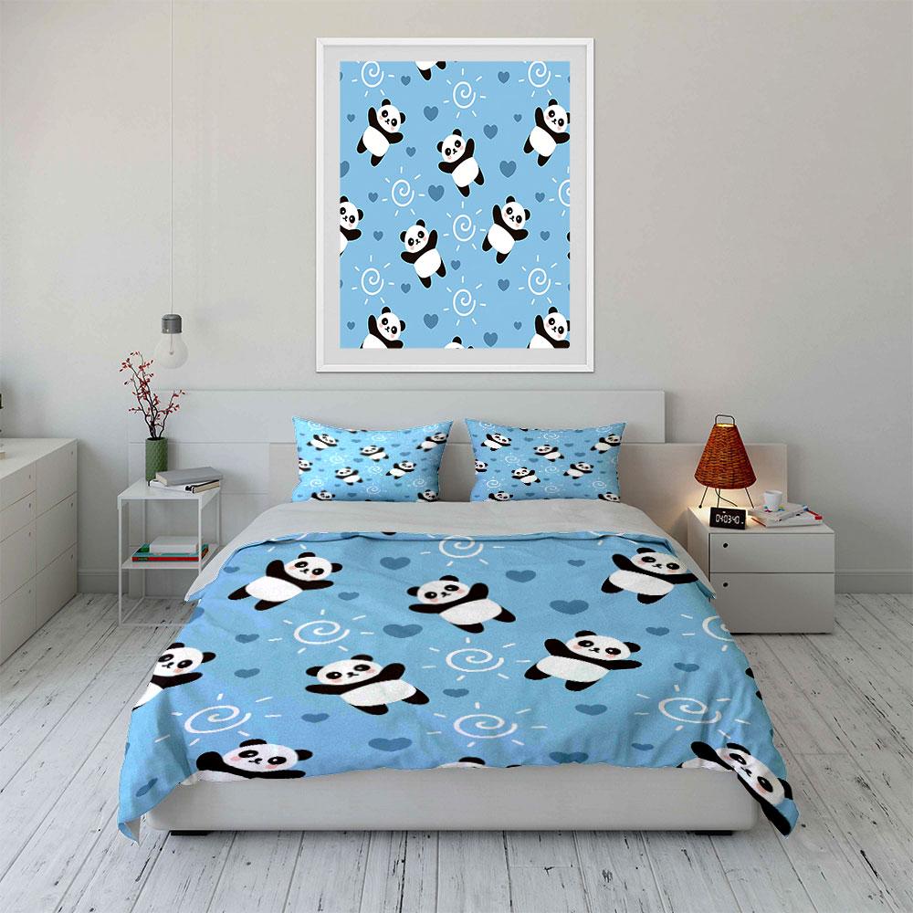 Cute Panda and Hearts Pattern Bedding Duvet Cover Set Duvet Cover Pillowcases (1*Duvet Cover 2*Pillowcases, without duvet insert)