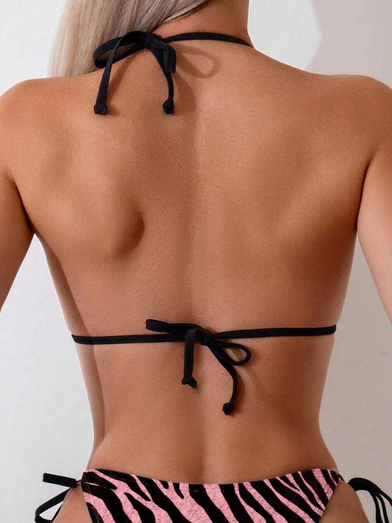 2025 Zebra Stripe Halter Bikini Three-Piece Swimsuit