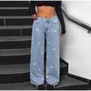 Light Blue Straight Leg Bow Jeans Women's High Waist Spring New Loose Drapey Wide Leg Denim Pants Casual Cotton Stretch