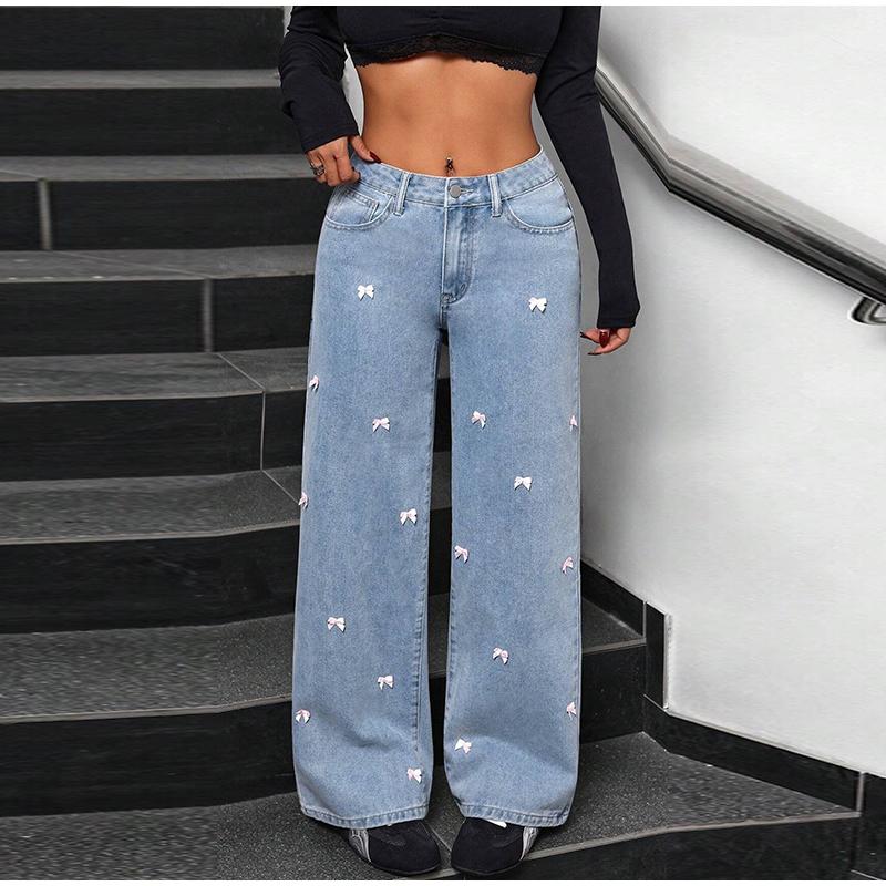 Light Blue Straight Leg Bow Jeans Women's High Waist Spring New Loose Drapey Wide Leg Denim Pants Casual Cotton Stretch