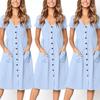 Женское праздничное летнее пляжное однотонное праздничное платье с короткими рукавами и пуговицами