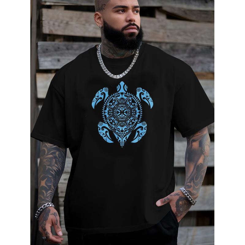 Plus-size Men's T-shirt, Comfortable and Versatile, Simple and Clean, Men's Blue Sea Turtle Pattern Summer Casual Crew Neck Short Sleeve T-shirt,