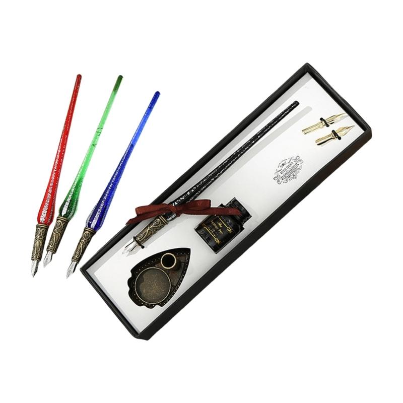 Calligraphy Glass Dip Pen and Inks Set with Replaceable Pen Tip and Metal Pen Holder for Writing Invitation Scrapbooking