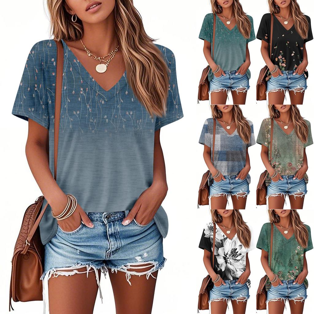 T Shirts For Women Pleated V Neck Dressy Casual Blouses Printing Short Sleeve Summer Tops Loose Fit
