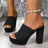Летние Новые Женские Шлепанцы на Высоком Каблуке с Квадратным Носком Платформа Черные С Открытым Носком Большого Размера Вечерняя Обувь Элегантные Босоножки на Каблуке Слайды