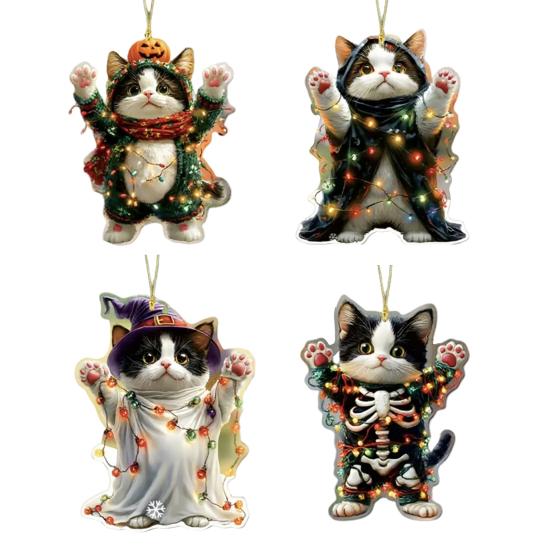 Car Halloween Rearview Mirror Hanging Pendant Cartoon Skull Cat Auto Interior Accessory 2D Flat Acrylic Hanging Charm for Car Backpack