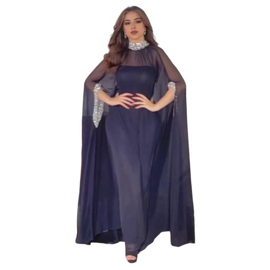 Women Evening Dress Shiny Sequin Half High Collar Big Hem Thin See-through Mesh Bat Sleeves Solid Color Oversized Big Hem Party Prom Maxi Dress