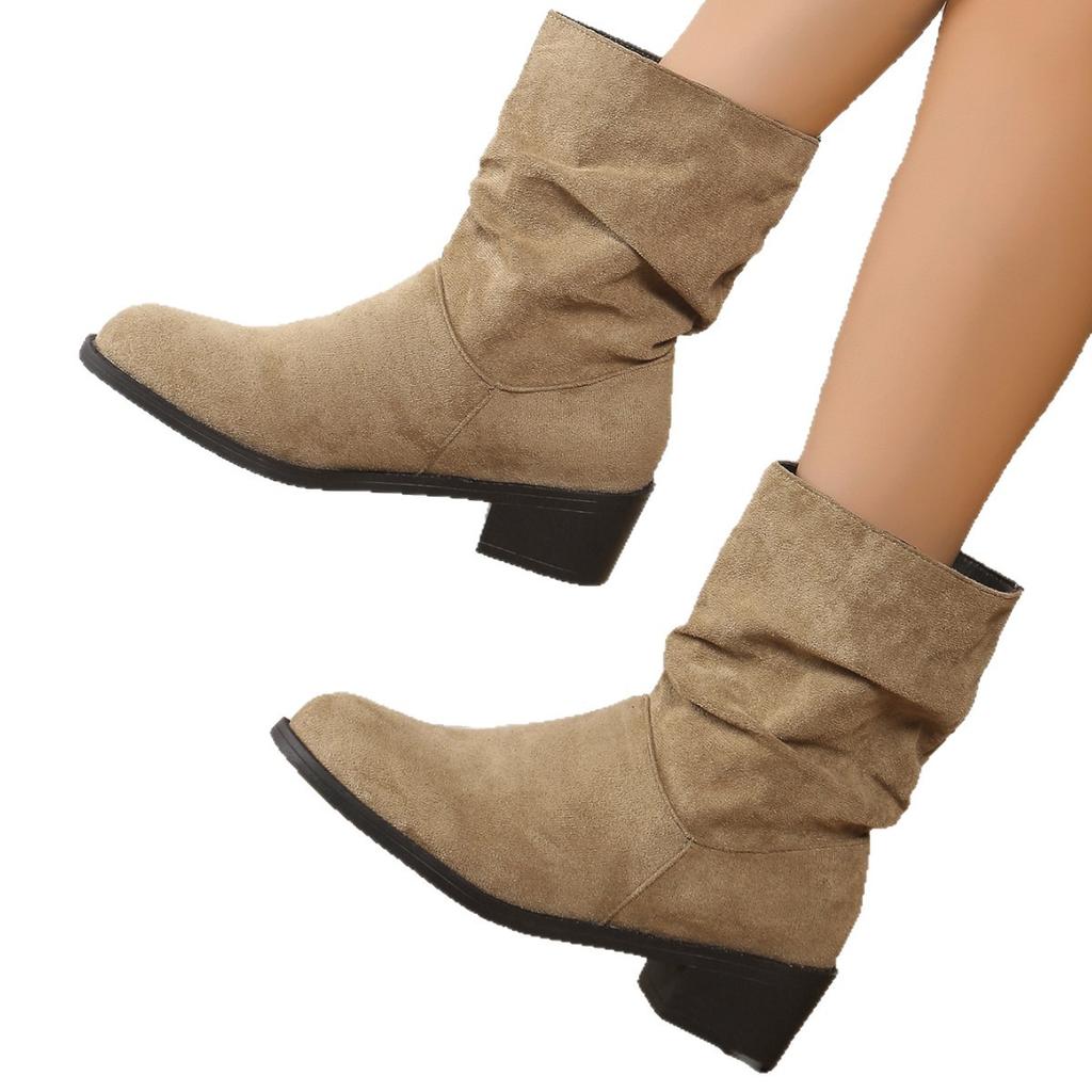 Ботильоны женские плиссированные рыцарские ботинки 2025 новые осенне-зимние плюшевые на толстом каблуке модные ботинки тонкие ботинки женские