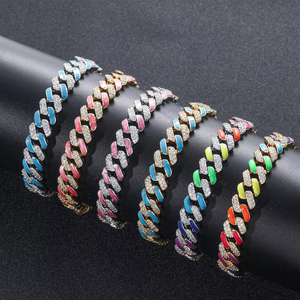 Personalized Hip Hop Jewelry 12mm Bling CZ Iced Out Colorful Enamel Rainbow Prong Cuban Chain Bracelet for Women and Men