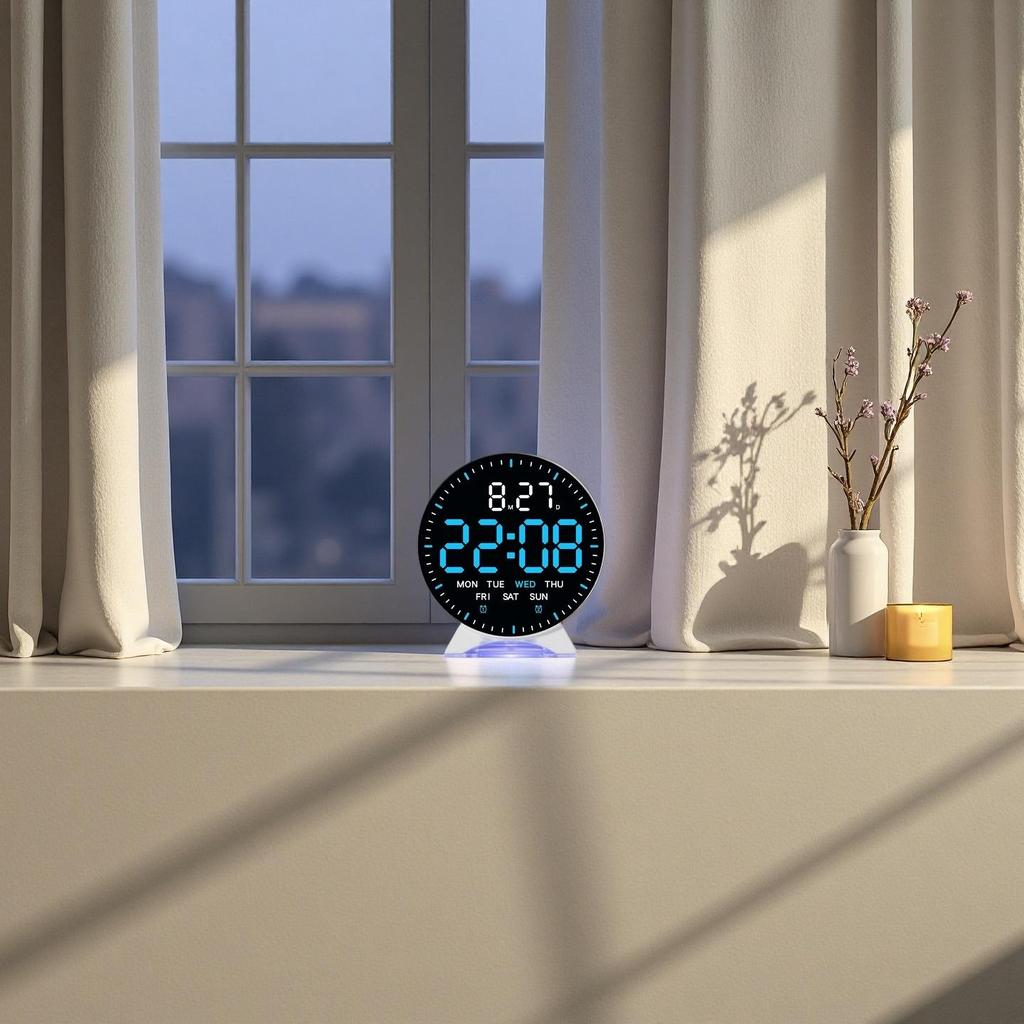 LED Digital Alarm Clock Week Date Second Hand Display Brightness Adjustable 2 Alarms Table Ambient Light 12/24H Electronic Clock