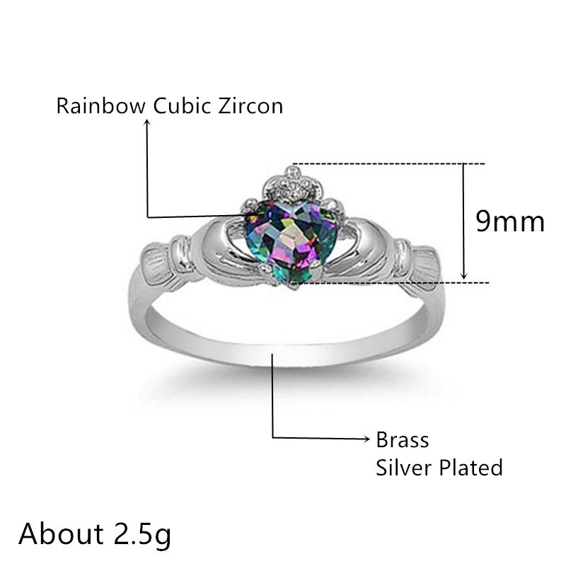 Модное кольцо Claddagh в форме сердца с радугой и зубцами CZ, посеребренные модные украшения, лучший подарок для влюбленных, кольца для женщин