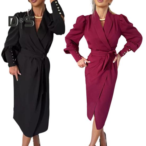 Women Formal Dress Business Style Turn-down Collar Long Sleeve Pure Color Slim Fit Lace-up Cross Cardigan Dress Spring Midi Dress OL Commuting Dress