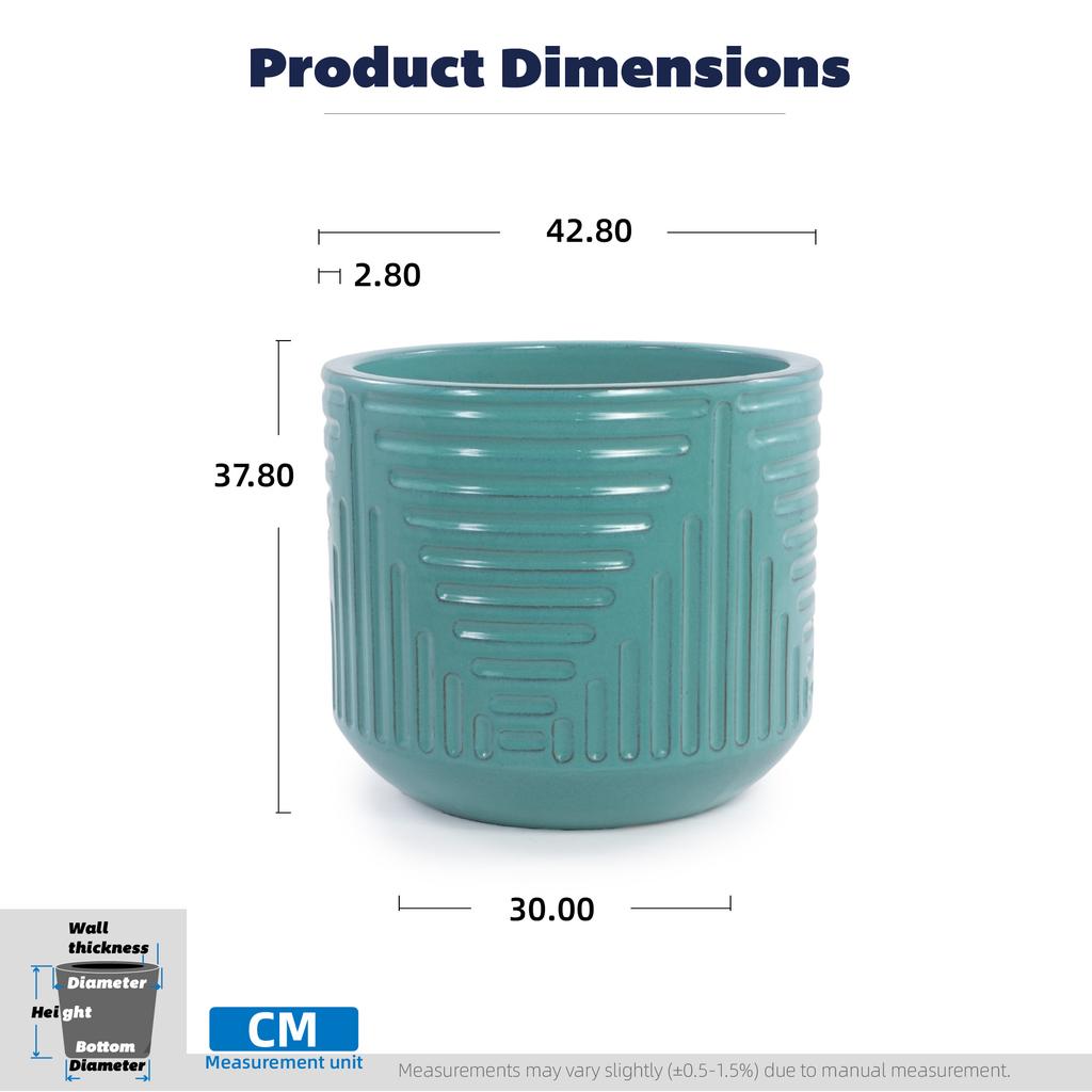 Large Ceramic Flower Pot diameter 42 cm, Hand-Glazed Turquoise-Green High-Gloss Surface, Geometric Groove Pattern, Breathable, Frost-Resistant