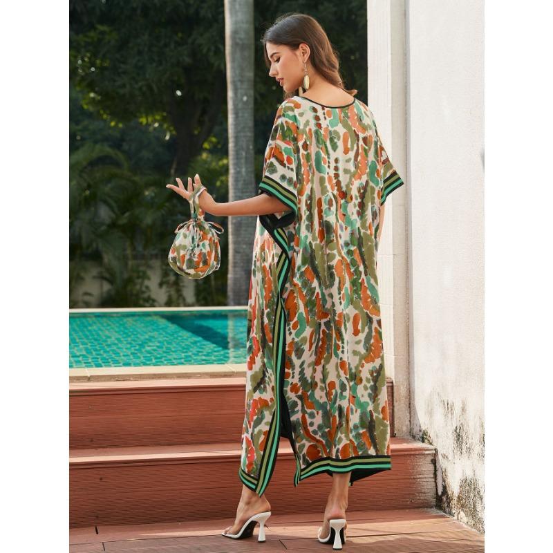 Женская мода лето весна леопардовый принт рукава 1/2 V-образный вырез свободная талия повседневные платья