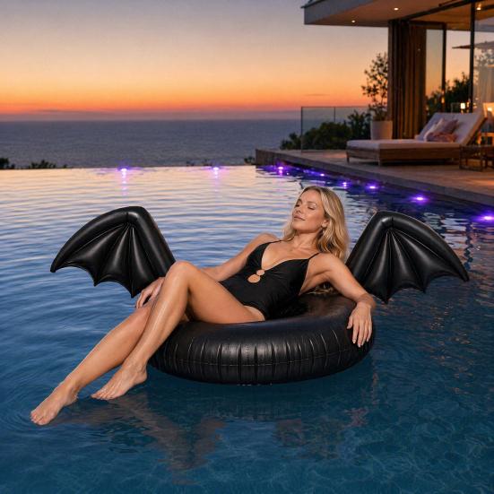 Inflatable Pool Float Creative Bat Wings Decor Black Thickened PVC Swim Ring