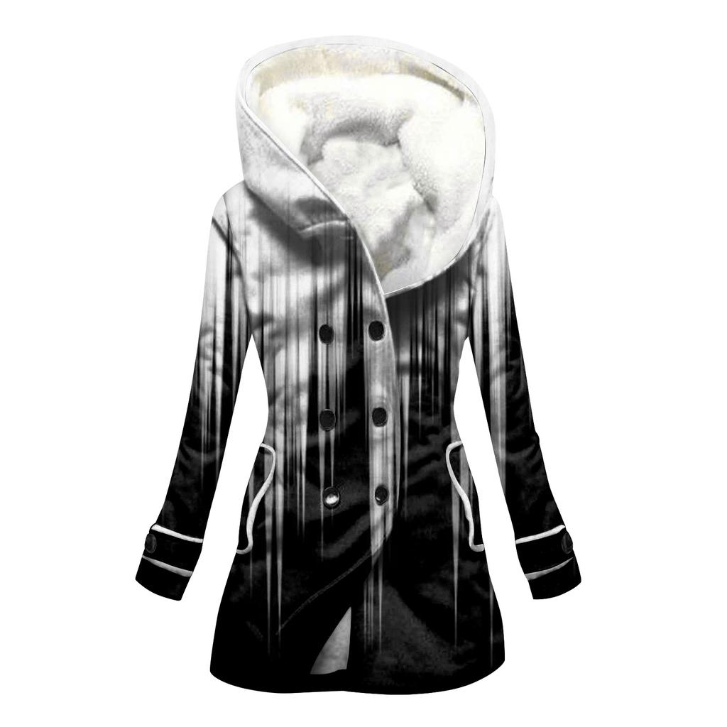 Женская большая куртка с теплой и плюшевой курткой на пуговицах с капюшоном и карманами