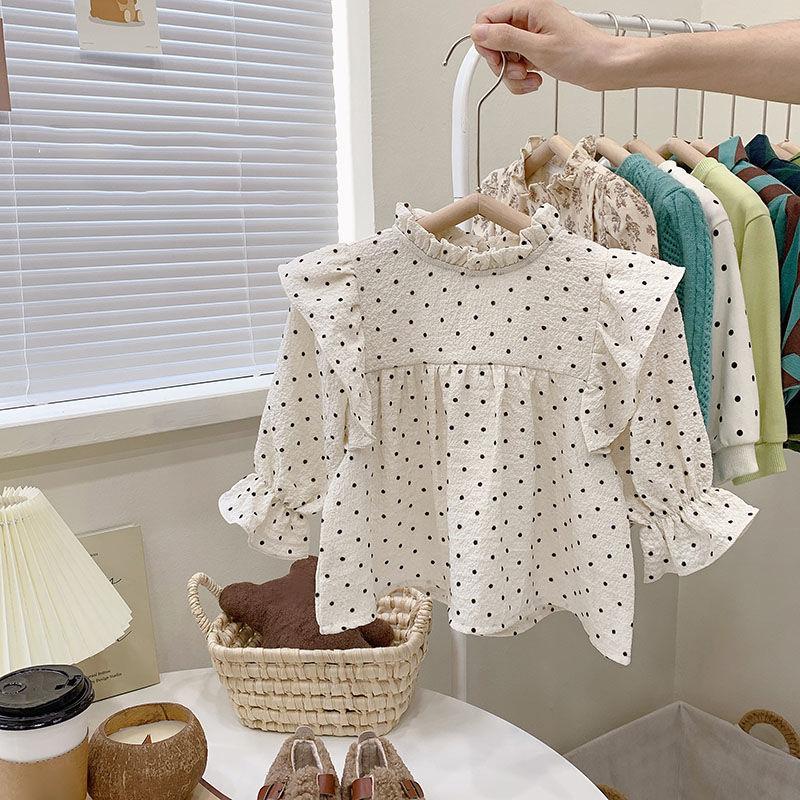 Детские топы для девочек, рубашка принцессы с длинными рукавами и воротником-стойкой в ​​горошек