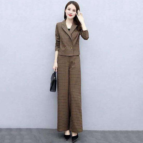 2 Pcs/Set Women Coat Pants Set Lapel Buttons Cardigan Plaid Print Long Sleeve Jacket Wide Leg High Waist Straight Trousers Lady Formal Commute Outfit