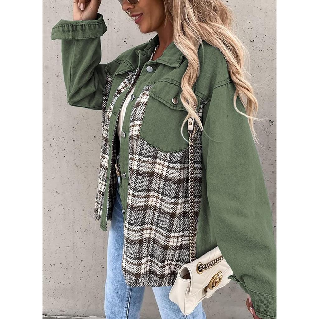 Denim Jacket, Long Sleeved, Checkered, Button Up, Shirt, Jacket Top