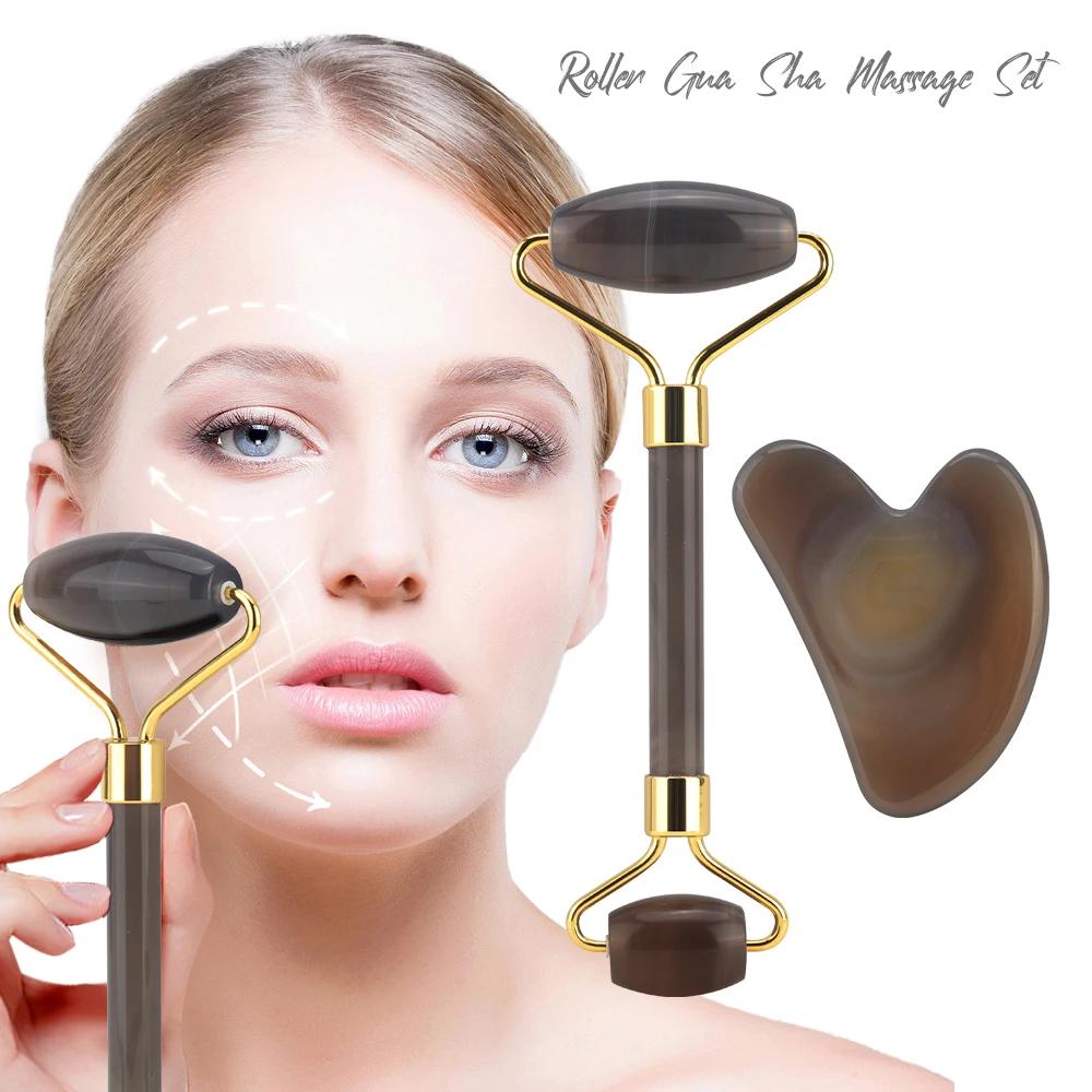 Newest Gray Agate Face Massage Tool Set Jade Roller Gua Sha Board Facial Skin Lifting Anti-Aging Beauty Face Roller Puffy Eyes