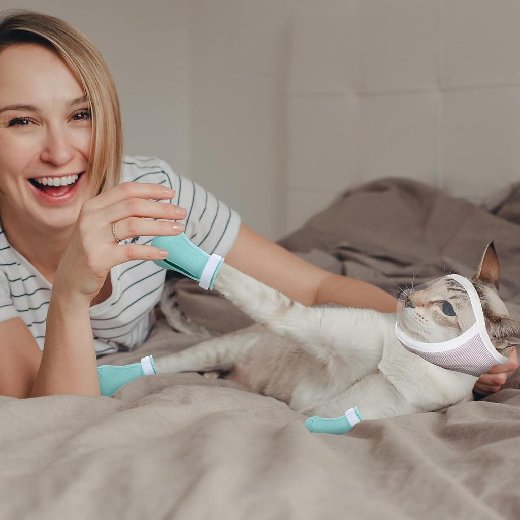 Намордник для кошек Hillban для груминга с 4 силиконовыми накладками, дышащая прозрачная защита для лица, силиконовые накладки на когти, защитные пинетки для предотвращения царапин