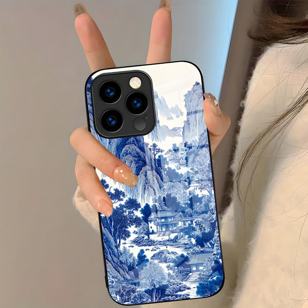 Восточный сине-белый чехол для телефона для IPhone 17 Pro Max 16 15 14 Pro Max 13 11 Plus Стеклянная крышка