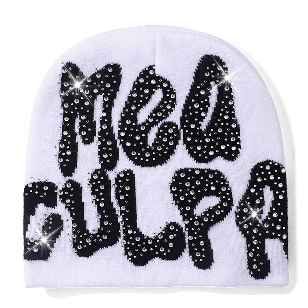 Trendy Stretch MEA Culpa Beanies Hat with Rhinestone Warm Soft y2k Beanies Hats Knitted Hip-hop Hat for Women Men