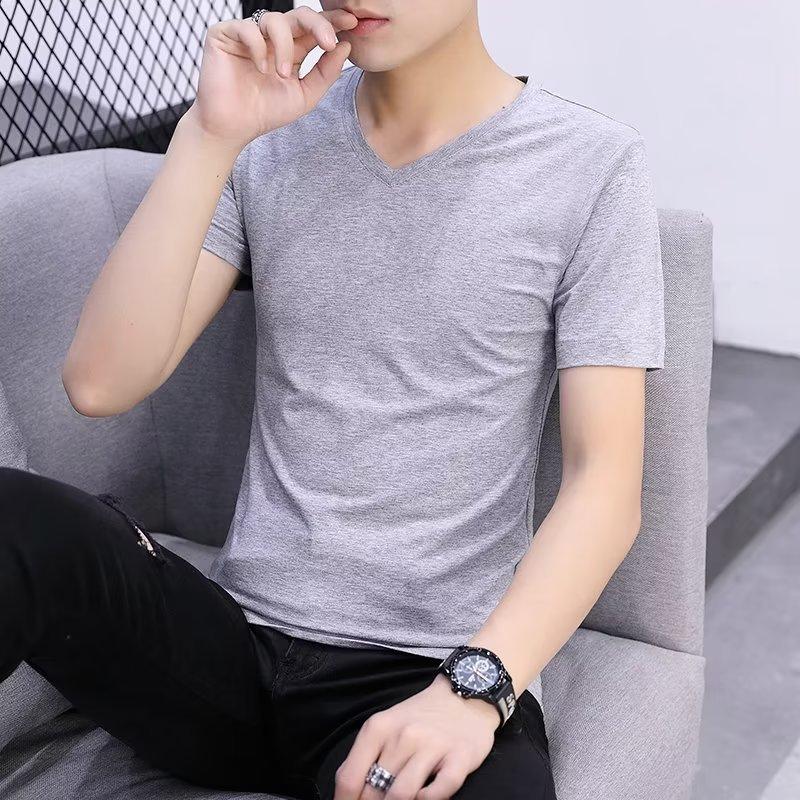 Мужская летняя тонкая трендовая футболка с V-образным вырезом из чистого хлопка, белая, с коротким рукавом, 2025 новинка, больших размеров, приталенная базовая футболка, трендовая