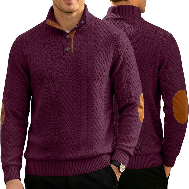 Wish Men's Textured Jacquard Stand Collar Long Sleeve Top Color Block Placket Elbow Patch American Sweatshirt