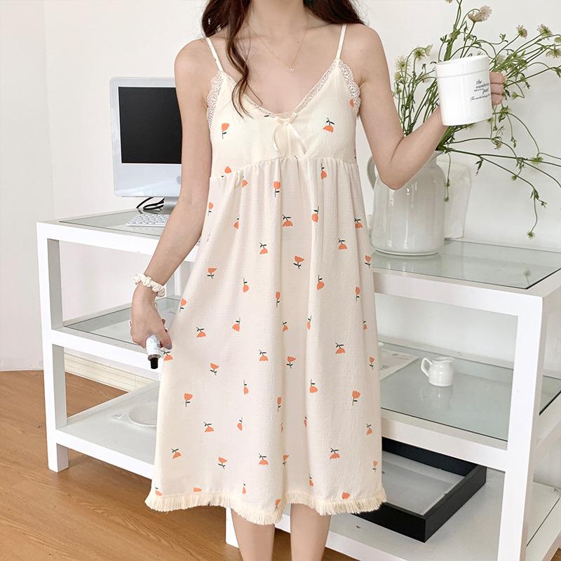 Floral Suspender Nightdress Female Sweet And Cute Summer Thin Girl Bubble Wrinkled Pajamas Princess Loungewear