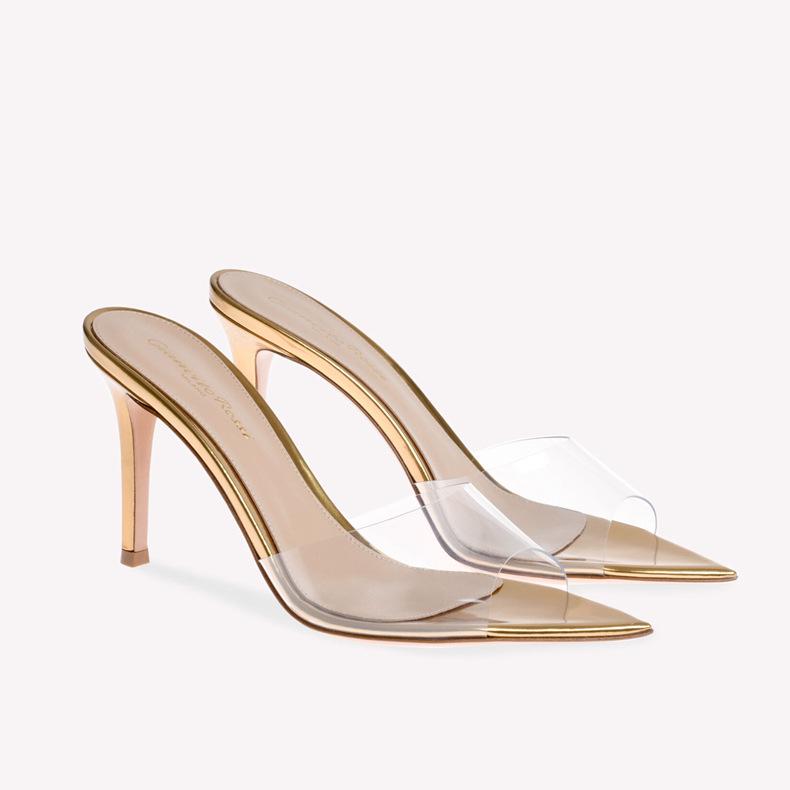 The new simple nude transparent high-heeled slippers with thin heels and pointed toes are not tired, and the high-heeled sandals are worn with open