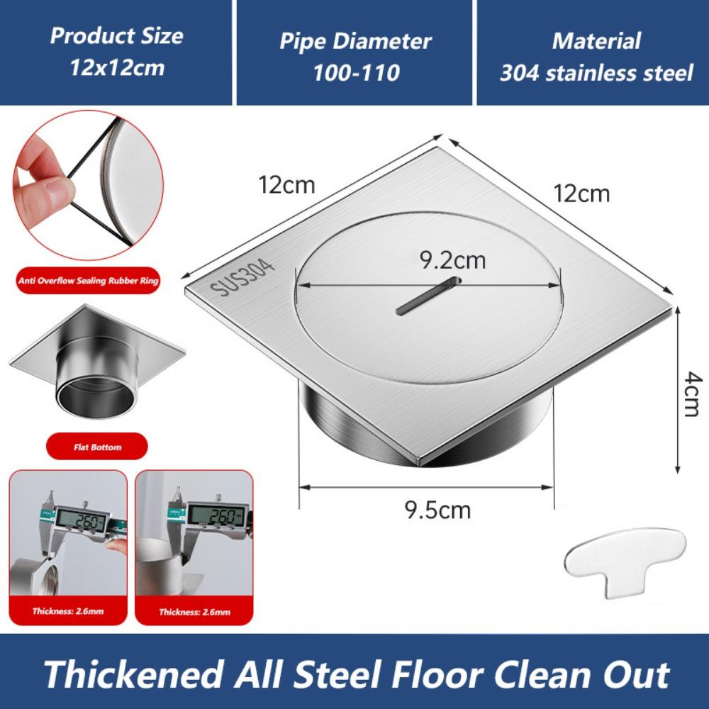 Heavy Duty Square Floor Clean Out 304 Stainless Steel 75/110 Plug Drainage Port with Cleaning Port Shower Floor Drain Bathroom