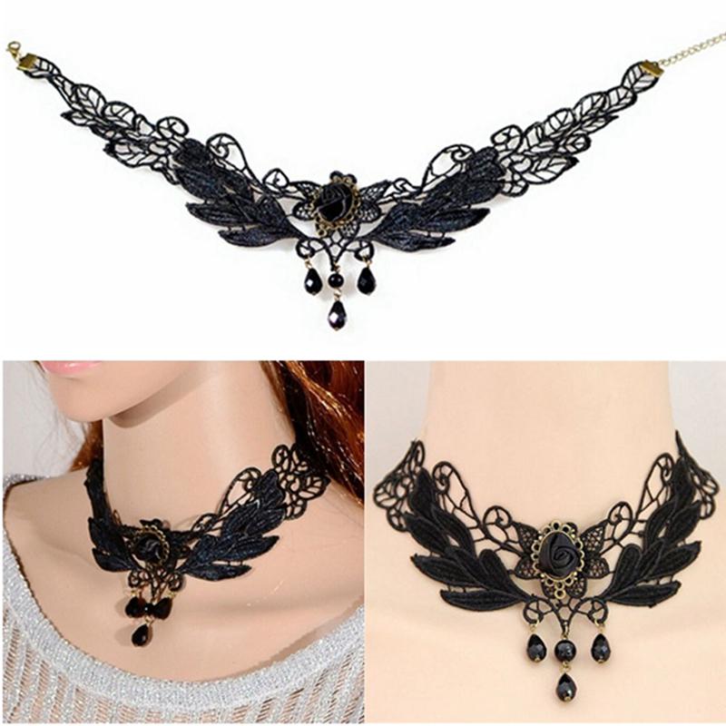 Женское ожерелье-чокер с подвеской в виде капли черной розы в стиле Лолиты