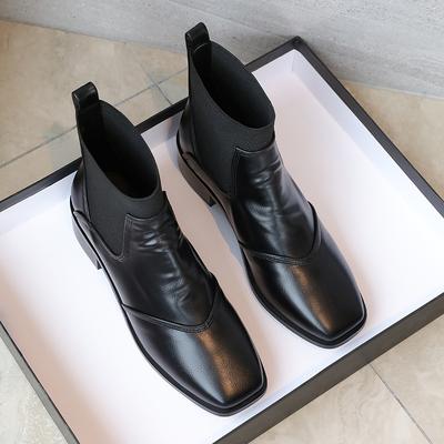 32-41 Настоящая кожа Ботильоны Комфорт Женские Короткие Ботинки Осень Зима Средний каблук Квадратный носок Эластичные ботинки Челси Для женщин