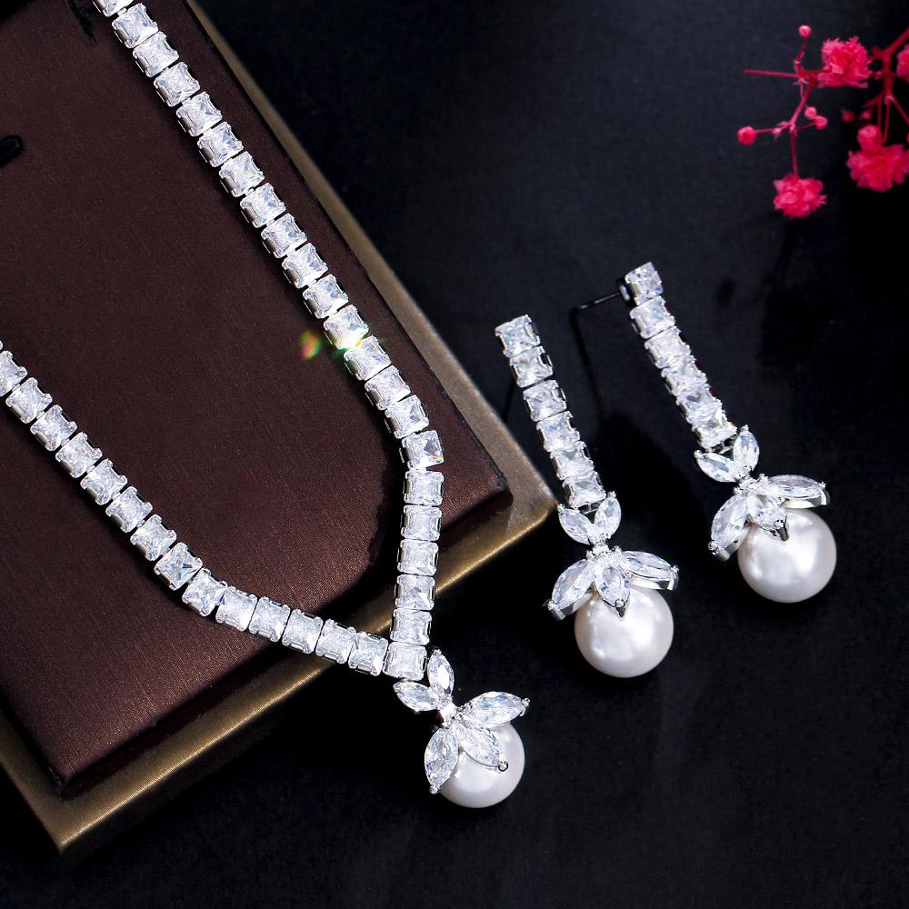 CMM Элегантные висячие серьги с белым фианитом, женское праздничное ожерелье, серьги, комплект ювелирных изделий из искусственного жемчуга