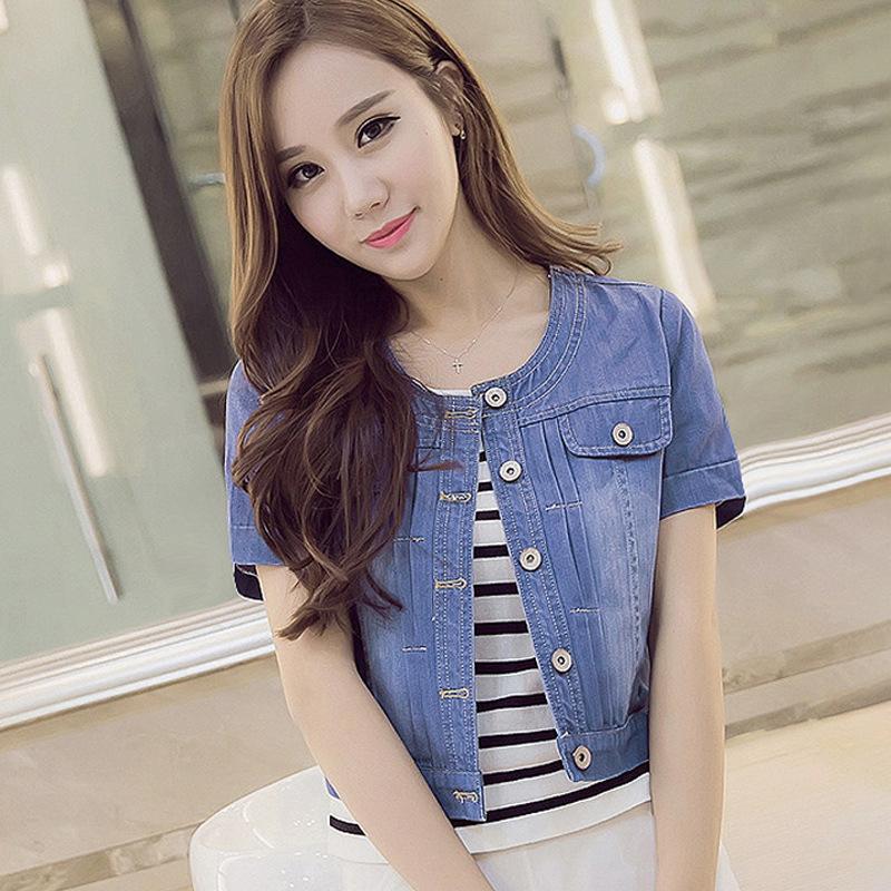 Summer Women's Denim Shorts Blue Jacket Ladies Korean Short-sleeve Loose Fit Slim O-Neck Thin Shawl Denim Caot Thin Tops