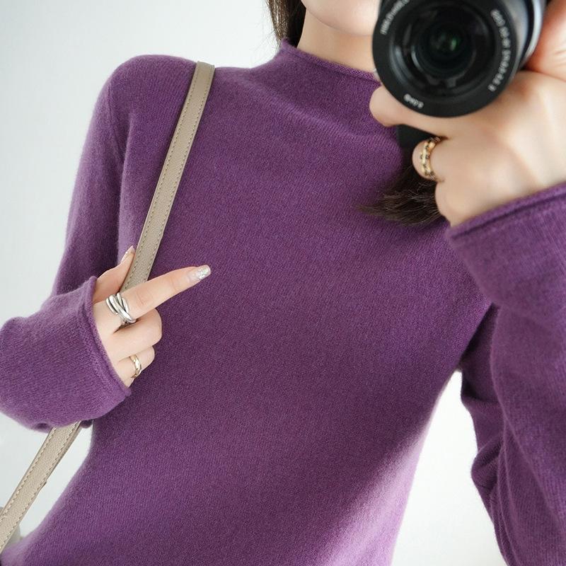 Осенне-зимний женский свитер из чистой шерсти, пуловер с полувысоким закругленным краем, свитер с длинными рукавами, тонкий трикотаж