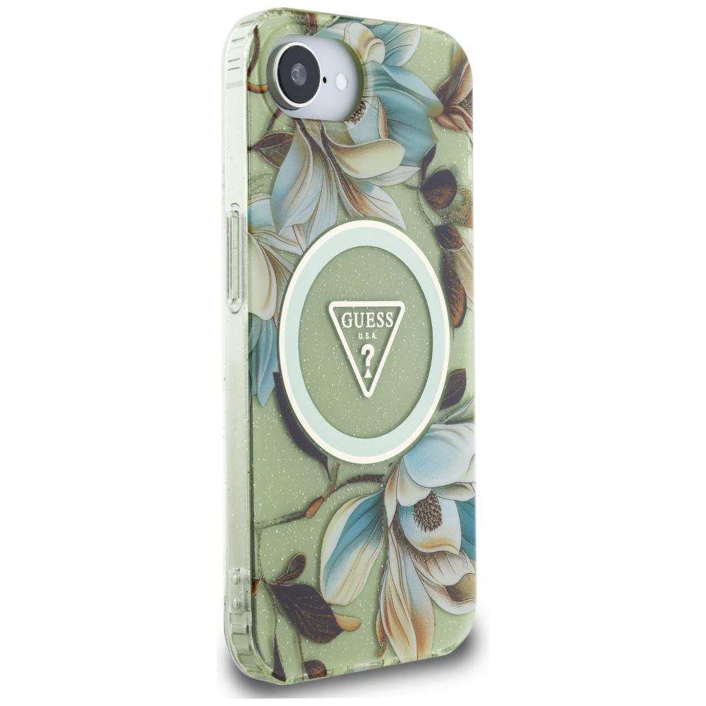 Guess IML Metal Glitter Flowers Triangle MagSafe case for iPhone 16e / 17e green
