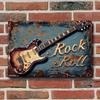 Vintage Rock Guitar Metal Wall Art Sign - Distressed Iron Retro Decor with Golden Lettering & Blue Background, Easy To Hang for