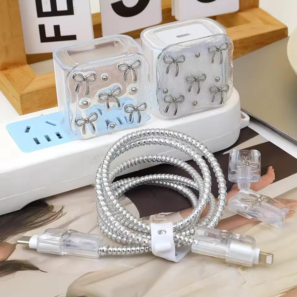 Прозрачный блестящий чехол-рукав для защиты зарядного устройства для мобильного телефона с бантиком для Apple IPhone 18/20W, лазерная намотка кабеля, защита проводов