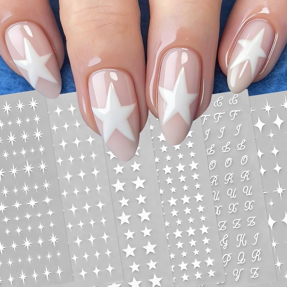 6Pcs Y2K Irregular Star Manicure Decals Gold Silver Color Letters Nail Decorations  Nail Supplies