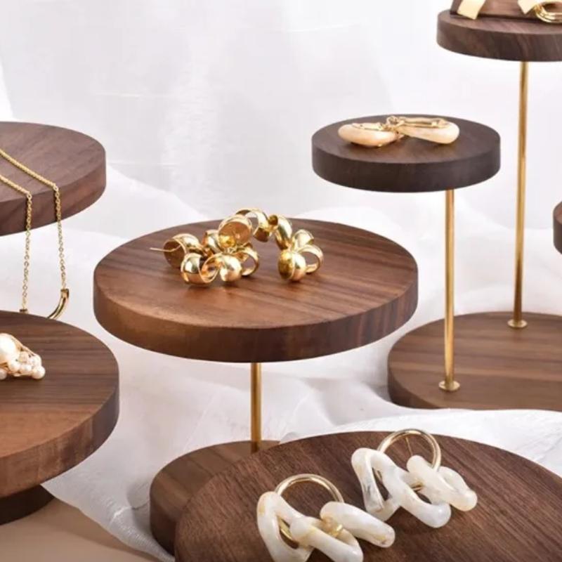 Vintage Round Black Walnut Jewelry Display Holder Necklace Earrings Bracelets Rings Luxury Showcase Stand Trinket Shelf Tray Ornaments Jeweler Seller