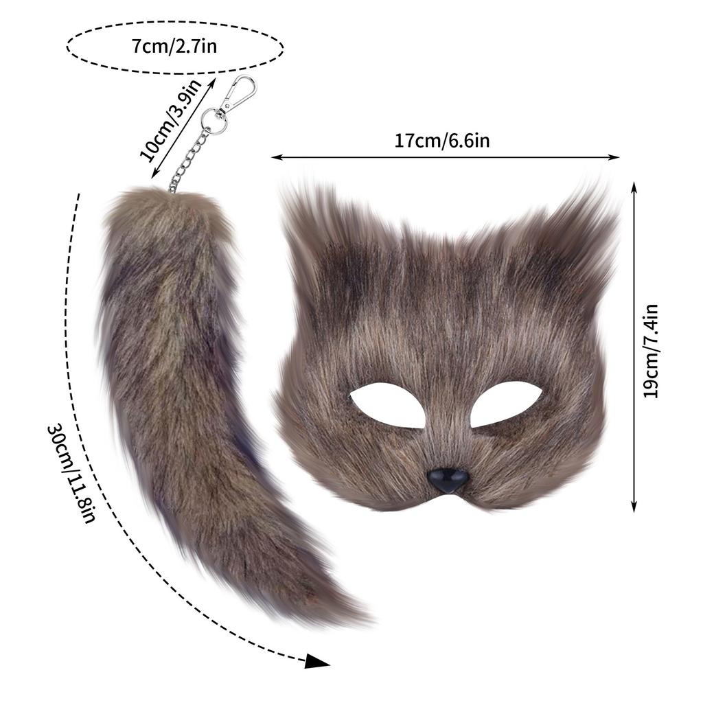 Терианская маска и комплект с хвостом на Хэллоуин, косплей, аксессуары для костюма, маска для кошек, хвост, половина лица, искусственный мех, лисий хвост, маска для кошек